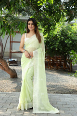 Green Color Lucknow Thread Work Soft Chinon Saree