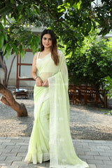 Green Color Lucknow Thread Work Soft Chinon Saree