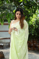 Green Color Lucknow Thread Work Soft Chinon Saree