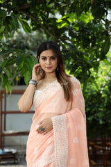 Orange Color Lucknow Thread Work Soft Chinon Saree