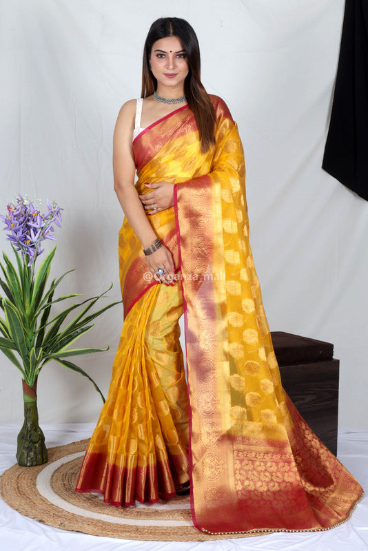 Yellow Zari Work Soft Organza Saree