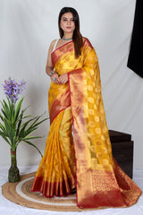 Yellow Zari Work Soft Organza Saree