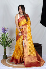 Yellow Zari Work Soft Organza Saree