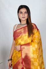 Yellow Zari Work Soft Organza Saree