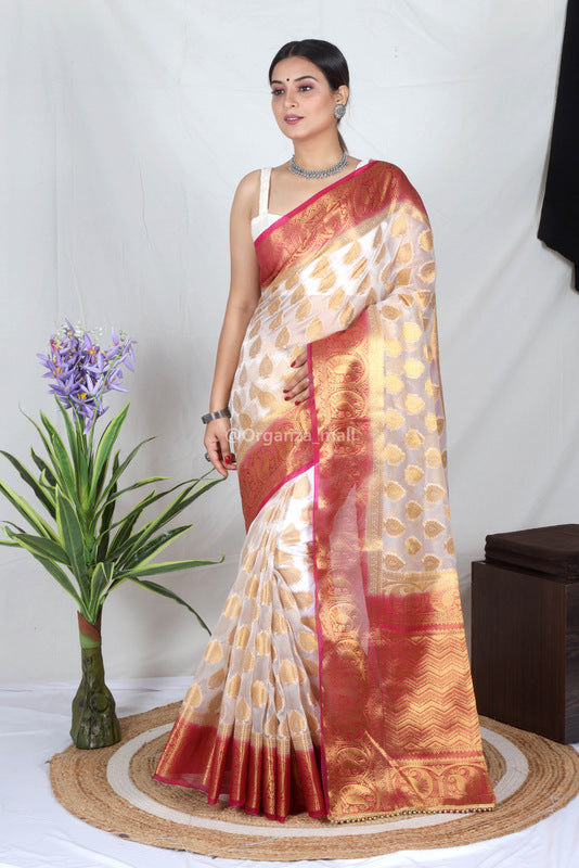 White Zari Work Soft Organza Saree