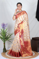 White Zari Work Soft Organza Saree