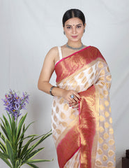 White Zari Work Soft Organza Saree