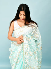 Heavy Chikankari Work On Light Sky Organza Saree