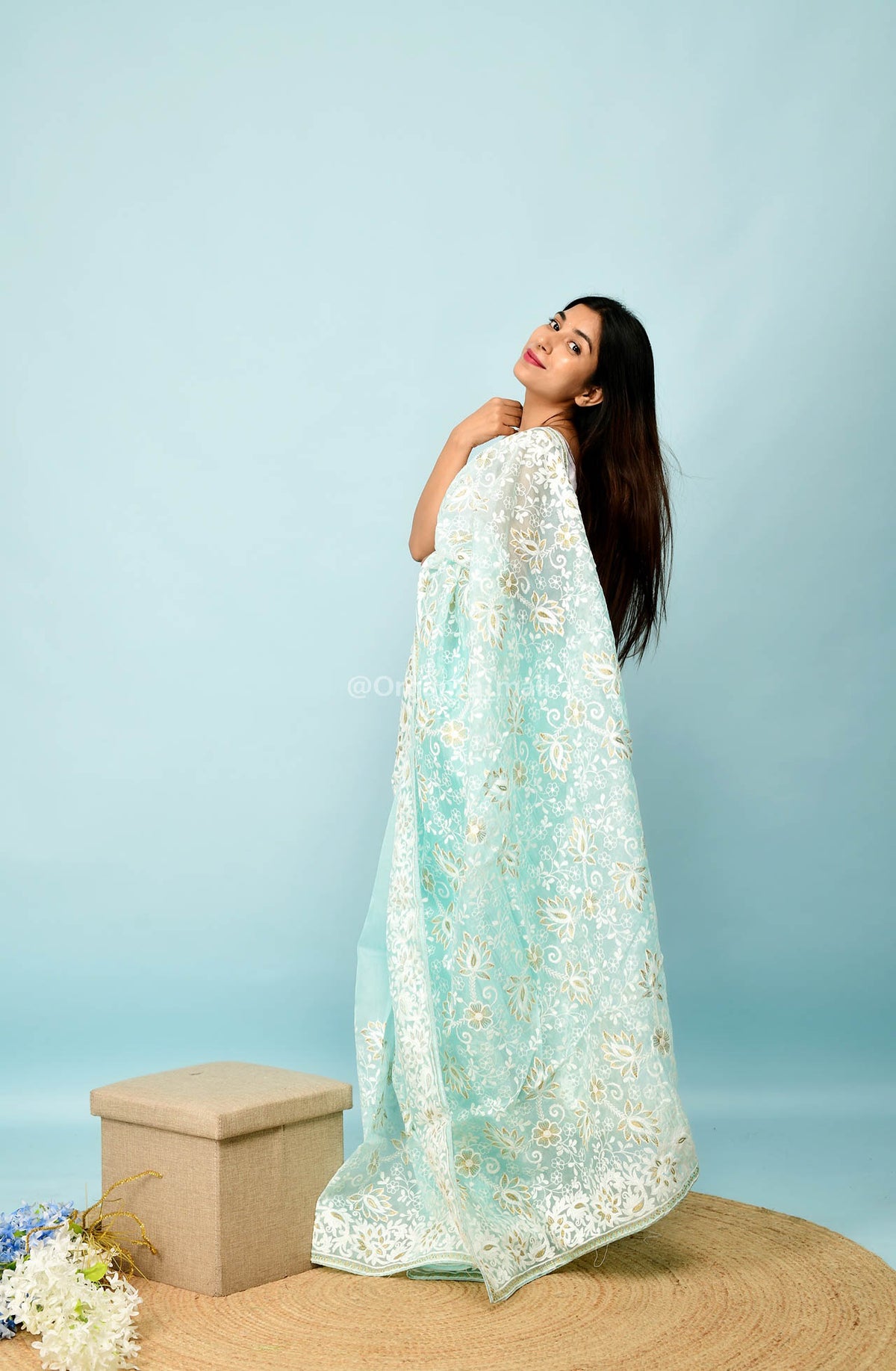 Heavy Chikankari Work On Light Sky Organza Saree