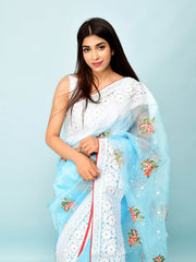 Thread Work On Light Ocean Pure Organza Saree