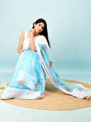 Thread Work On Light Ocean Pure Organza Saree