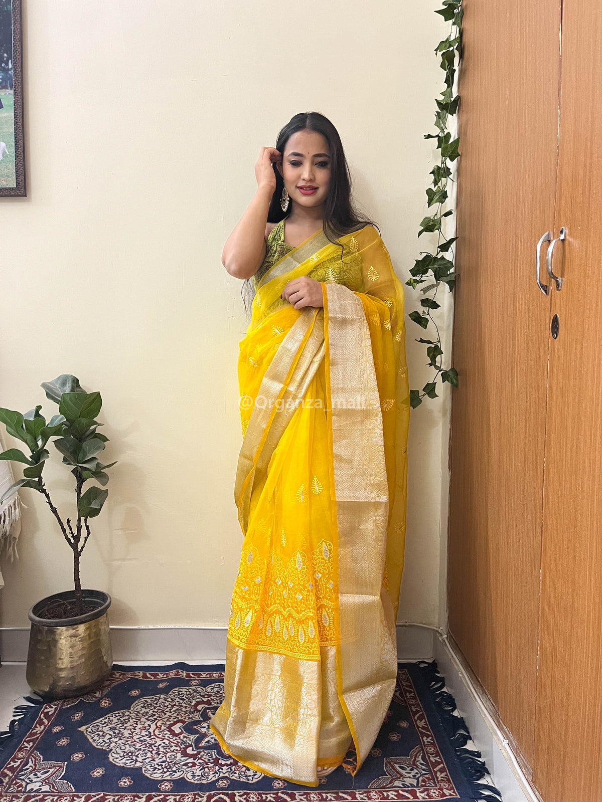 Imperial zari Worked Pure  Organza Yellow Saree