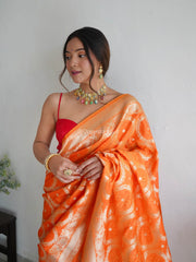 Awesome Orange Zari Worked Banarasi Saree