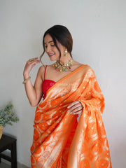 Awesome Orange Zari Worked Banarasi Saree