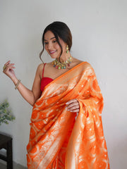 Awesome Orange Zari Worked Banarasi Saree