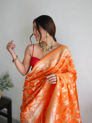 Awesome Orange Zari Worked Banarasi Saree