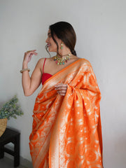 Awesome Orange Zari Worked Banarasi Saree