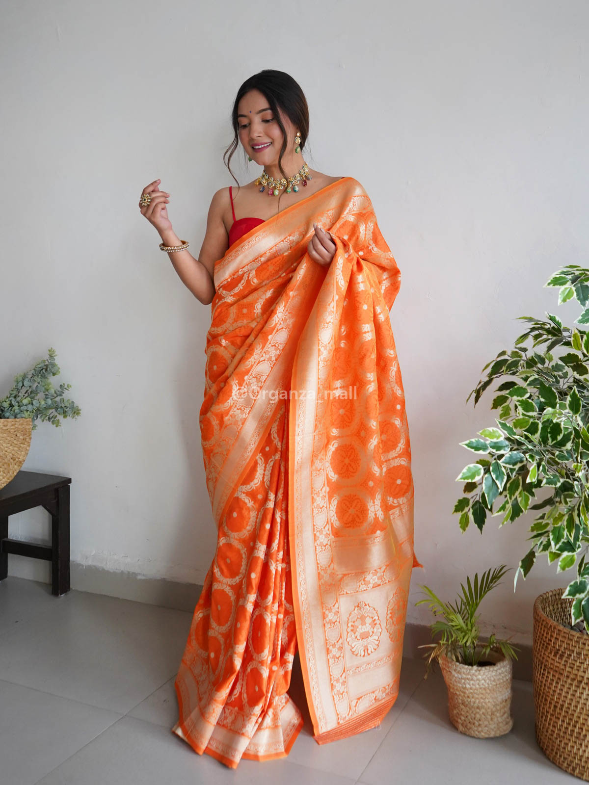 Awesome Orange Zari Worked Banarasi Saree