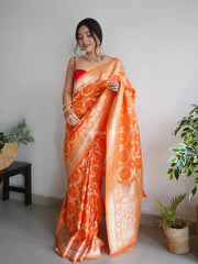 Awesome Orange Zari Worked Banarasi Saree