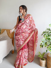 Cozily Heavy Chikankari Worked Pure Organza Pink Saree