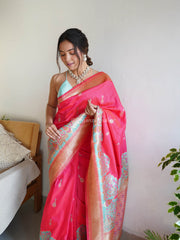 Awesome Pink Zari Worked Banarasi Saree