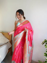 Awesome Pink Zari Worked Banarasi Saree