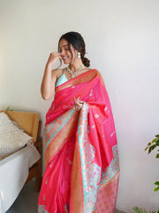 Awesome Pink Zari Worked Banarasi Saree