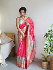 Awesome Pink Zari Worked Banarasi Saree