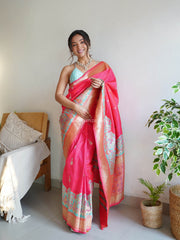 Awesome Pink Zari Worked Banarasi Saree