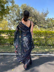 popular navy blue with gorgeous lace pure organza saree with contrast blouse