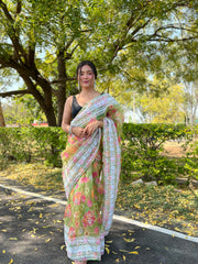 popular green with embroidery lace work pure organza saree with contrast blouse