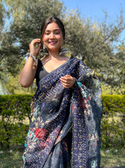 popular navy blue with gorgeous lace pure organza saree with contrast blouse