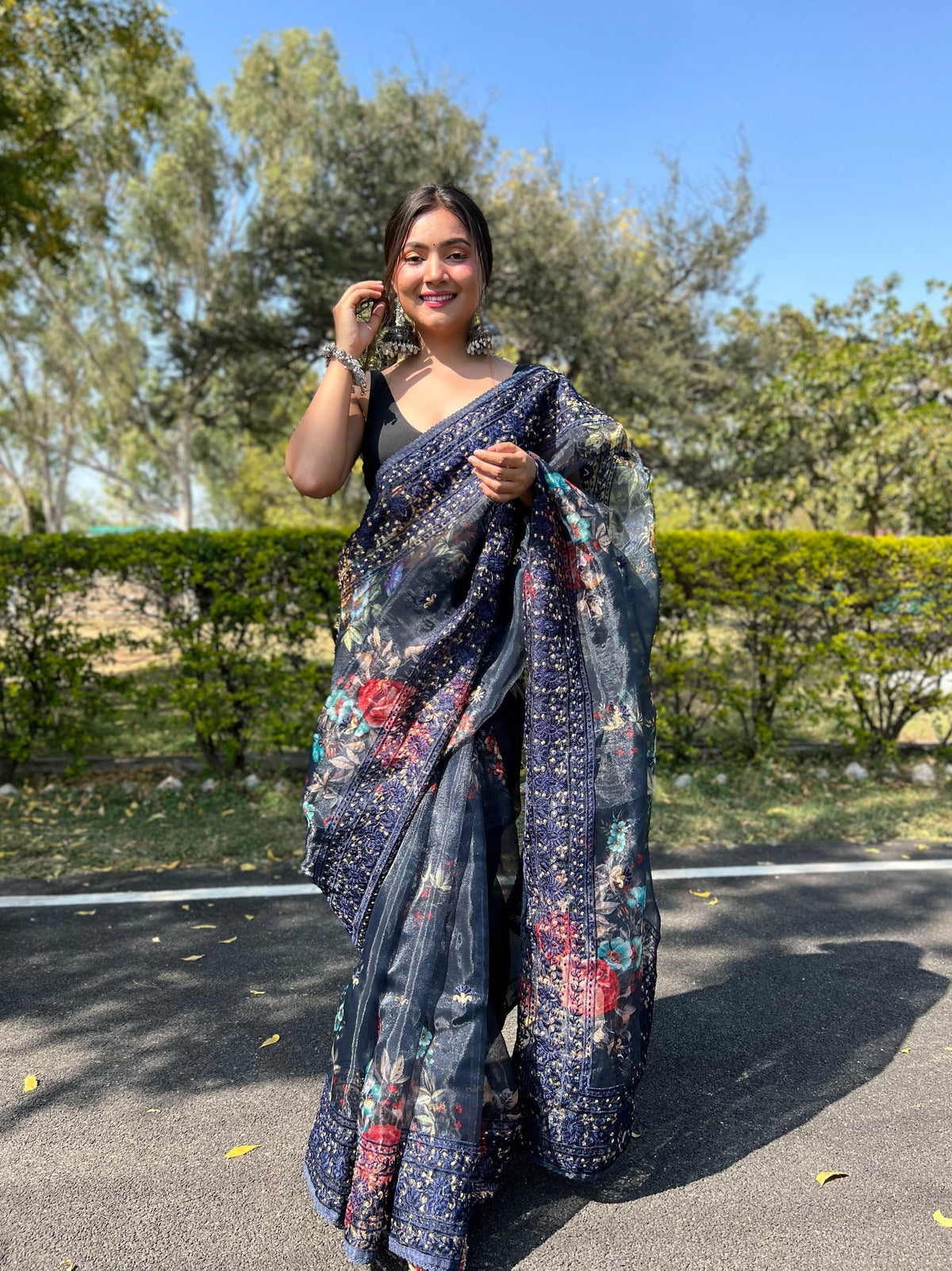 popular navy blue with gorgeous lace pure organza saree with contrast blouse