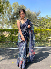 popular navy blue with gorgeous lace pure organza saree with contrast blouse