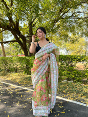 popular green with embroidery lace work pure organza saree with contrast blouse