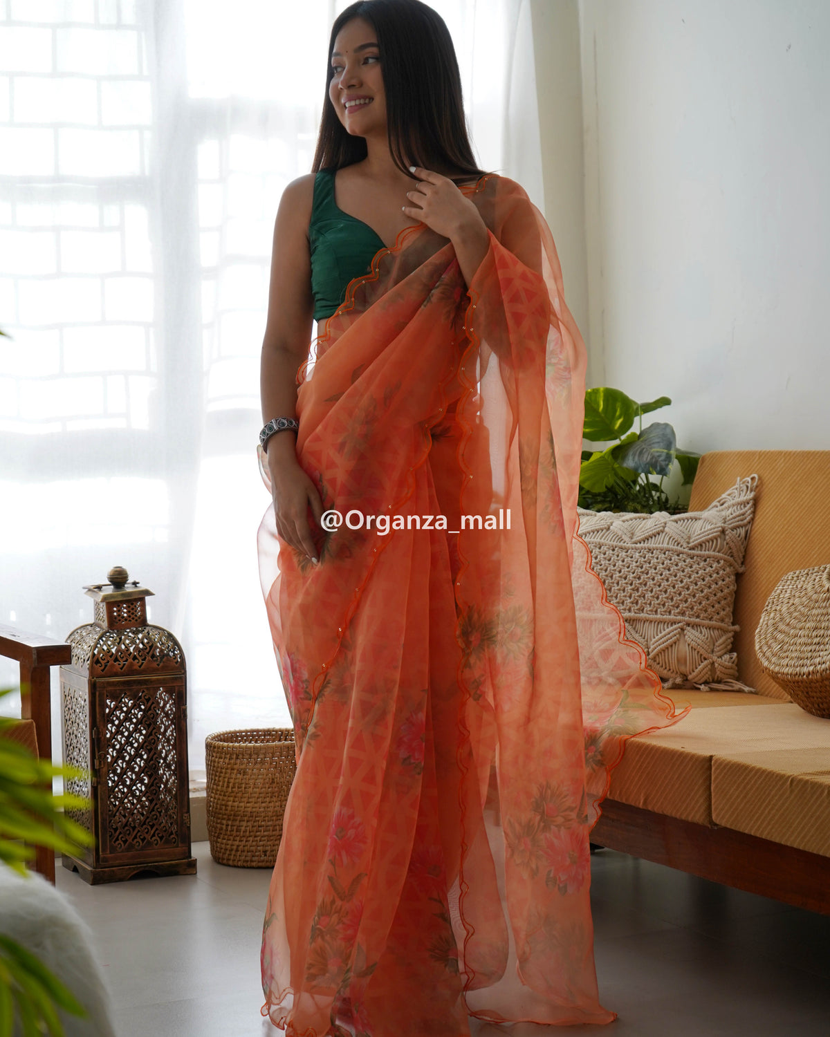 Light Flower Orange Pure Organza Saree