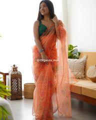 Light Flower Orange Pure Organza Saree