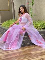 Super Pink Printed And Cut Work Pure Soft Organza Saree