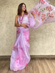 Super Pink Printed And Cut Work Pure Soft Organza Saree