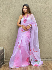 Super Pink Printed And Cut Work Pure Soft Organza Saree