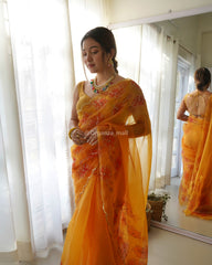 Flower Print  Border Orange Pure Organza Saree