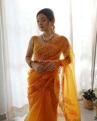 Flower Print  Border Orange Pure Organza Saree