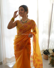 Flower Print  Border Orange Pure Organza Saree