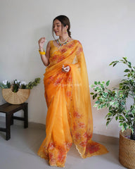 Flower Print  Border Orange Pure Organza Saree