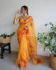 Flower Print  Border Orange Pure Organza Saree