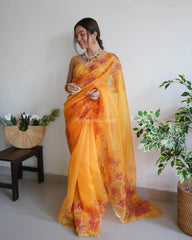 Flower Print  Border Orange Pure Organza Saree