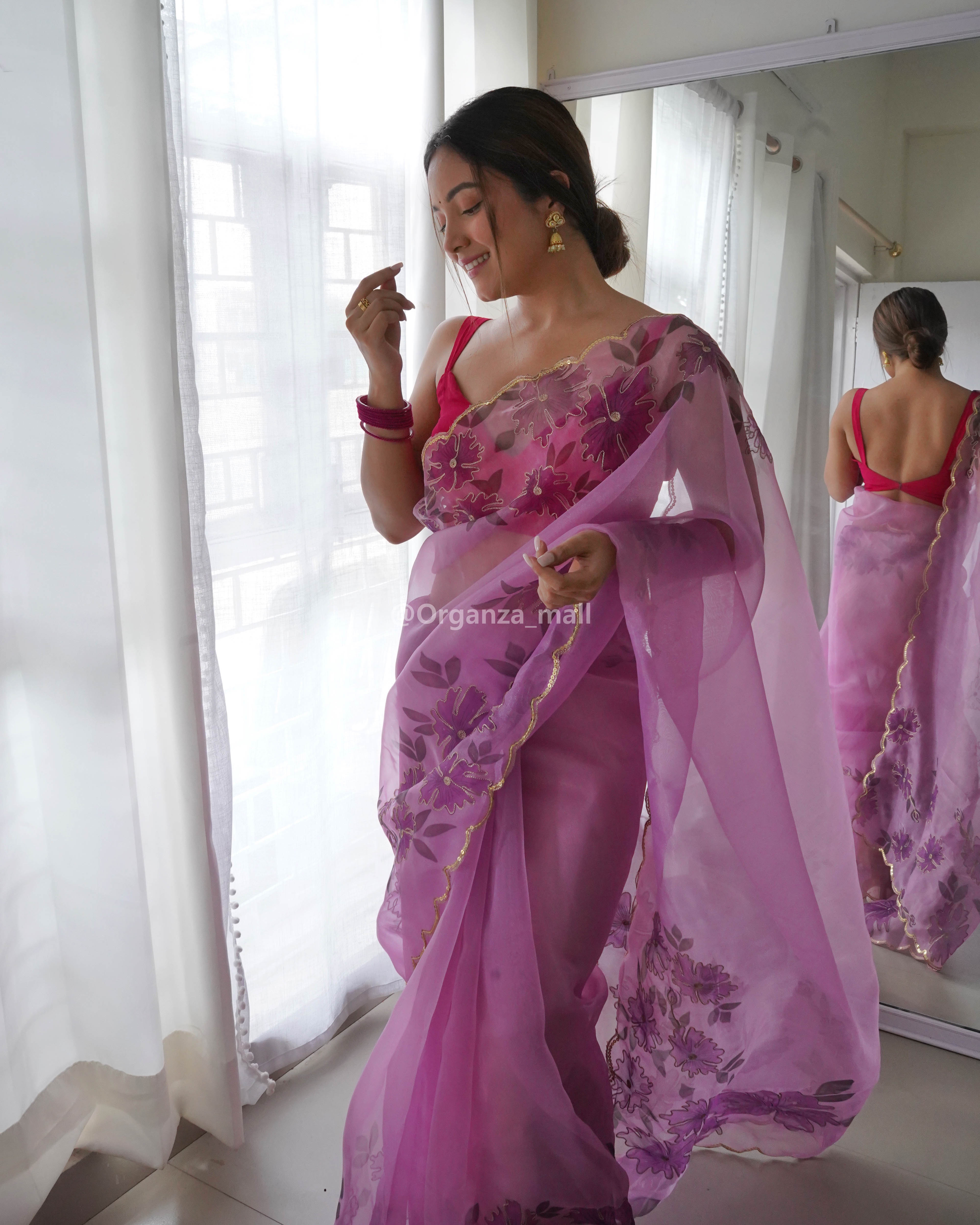 Purple floral printed organza saree