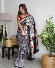 Botanical Silver Zari Forest Black Banarasi Silk Saree