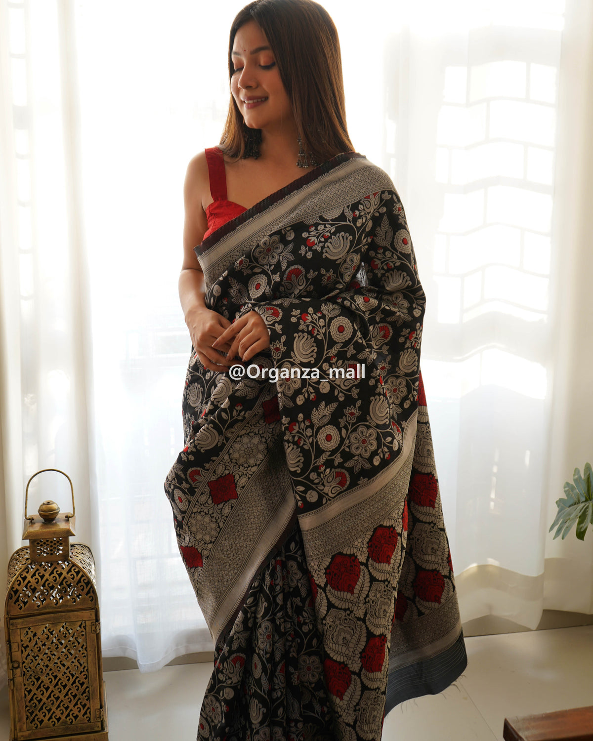 Botanical Silver Zari Forest Black Banarasi Silk Saree