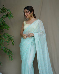 Blissful Teal Color Sequencing Lining Pure Organza Soft Saree